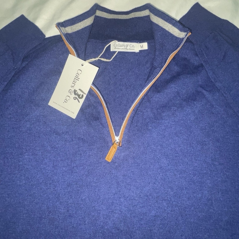 Collars & Co Luxury Touch Mens M Cotton Cashmere Quarter Zip Sweater Suede‎ Trim